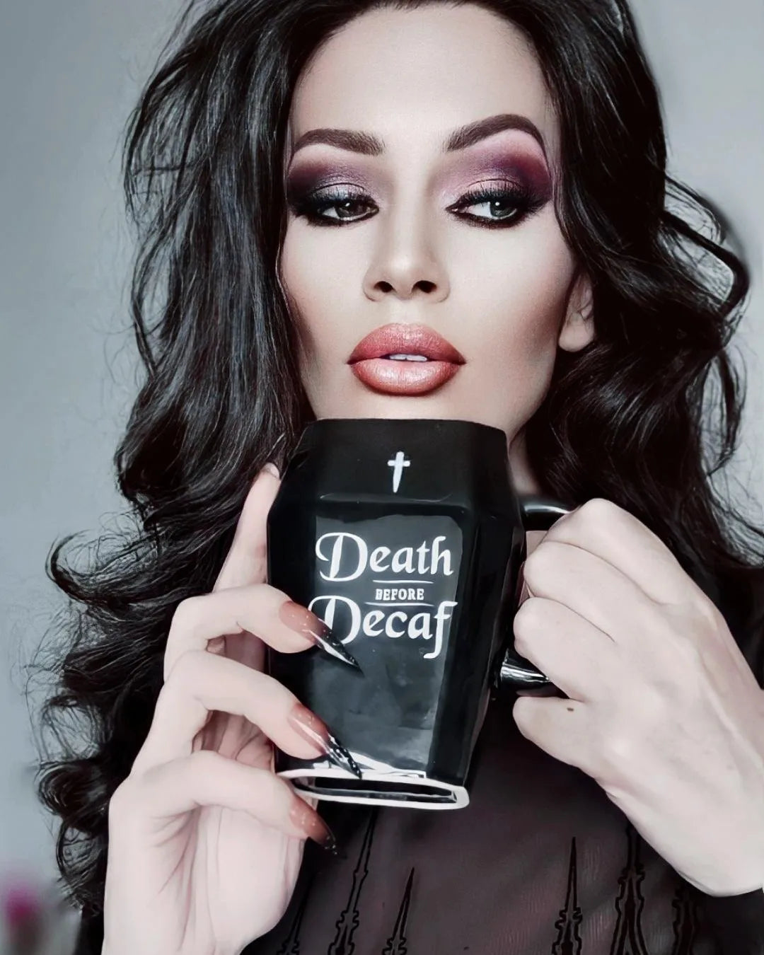 Death Before Decaf Coffin Mug