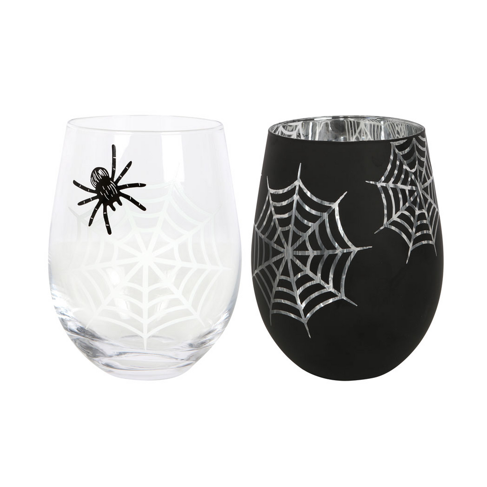 Set of 2 Spider and Web Stemless Wine Glasses